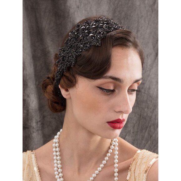 Black Rhinestone Flapper Headband Elastic 1920s Hair Accessories for Women - Picture 3 of 7